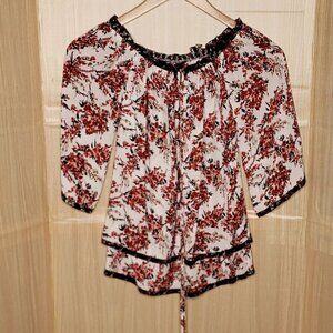 White House Black Market Womens Black Floral Red Off Shoulder Blouse XXS